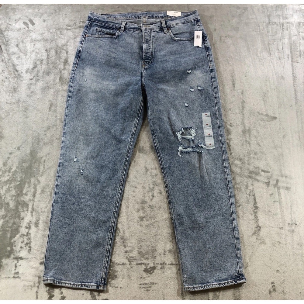 Old Navy Sky-Hi Straight Jeans Womens 14 Blue Extra High Rise Distressed 34x29